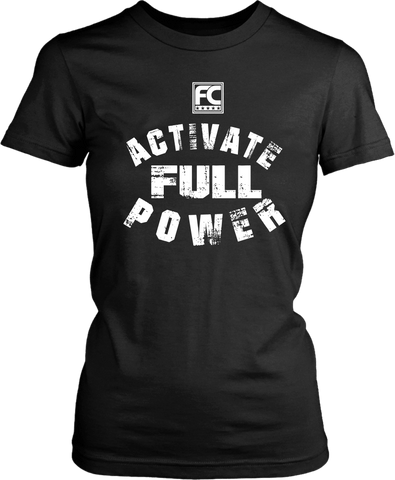 Mock- up of a Black Female T-shirt with Activate full power printed on the front, now available from Xpert Apparel Store 