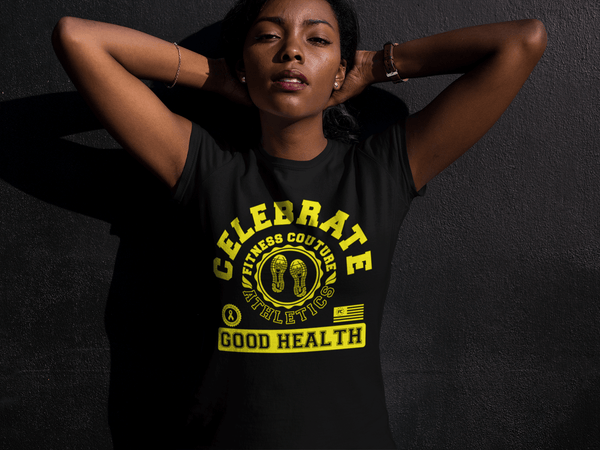 Fitness Couture Athletics - Celebrate Good Health T-shirt Red, Workout, Training "Yellow" - xpertapparel