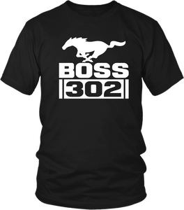 Black T-shirt Mock-up with Ford Mustang Boss 302  design on the front , now available from the Xpert  Apparel Store 