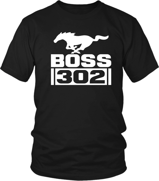 Black T-shirt Mock-up with Ford Mustang Boss 302  design on the front , now available from the Xpert  Apparel Store 