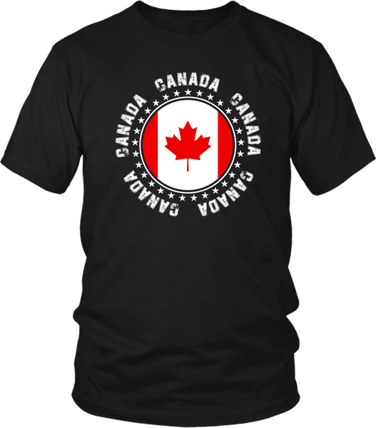 Black T-shirt Mock up with circular Canadian Flag , Grunge Text design , Canada Flag Spirit T-shirt available from the Xpert Apparel Store 