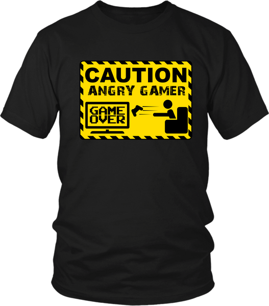 Black male T-shirt mock-up with Caution Angry Gamer design on the front  available from the Xpert Apparel Store 