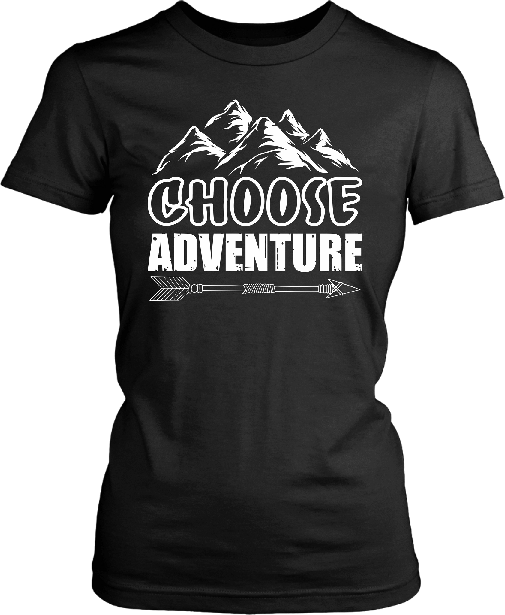 Black female form t-shirt mock-up with Choose Adventure design on the front, available from the Xpert Apparel Store.