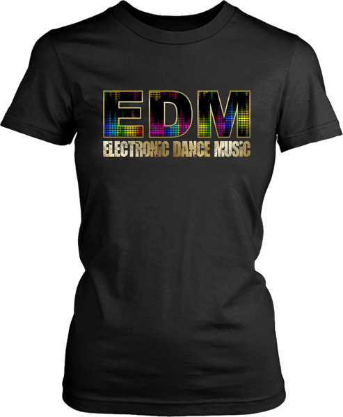 T-shirt Mock-up of Black T-shirt with EDM  gold texture design on the front available from the Xpert Apparel  Store
