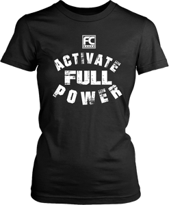 Mock- up of a Black Female T-shirt with Activate full power printed on the front, now available from Xpert Apparel Store 