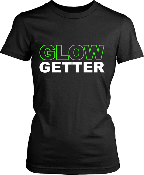 Black Female T-shirt Mock-up with "Glow Getter" Design Lime green font available from the Xpert Apparel Store