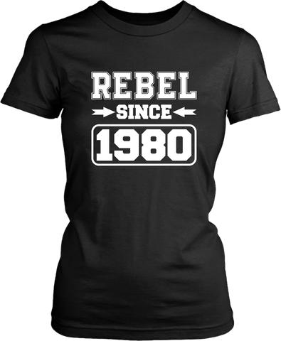 Black T-shirt on white background with "Rebel since 1980" design from the Xpert Apparel Store