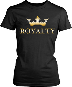 Black T-shirt Mock up with "Royalty" Gold Tone  graphic design on the front, available from the Xpert Apparel Store