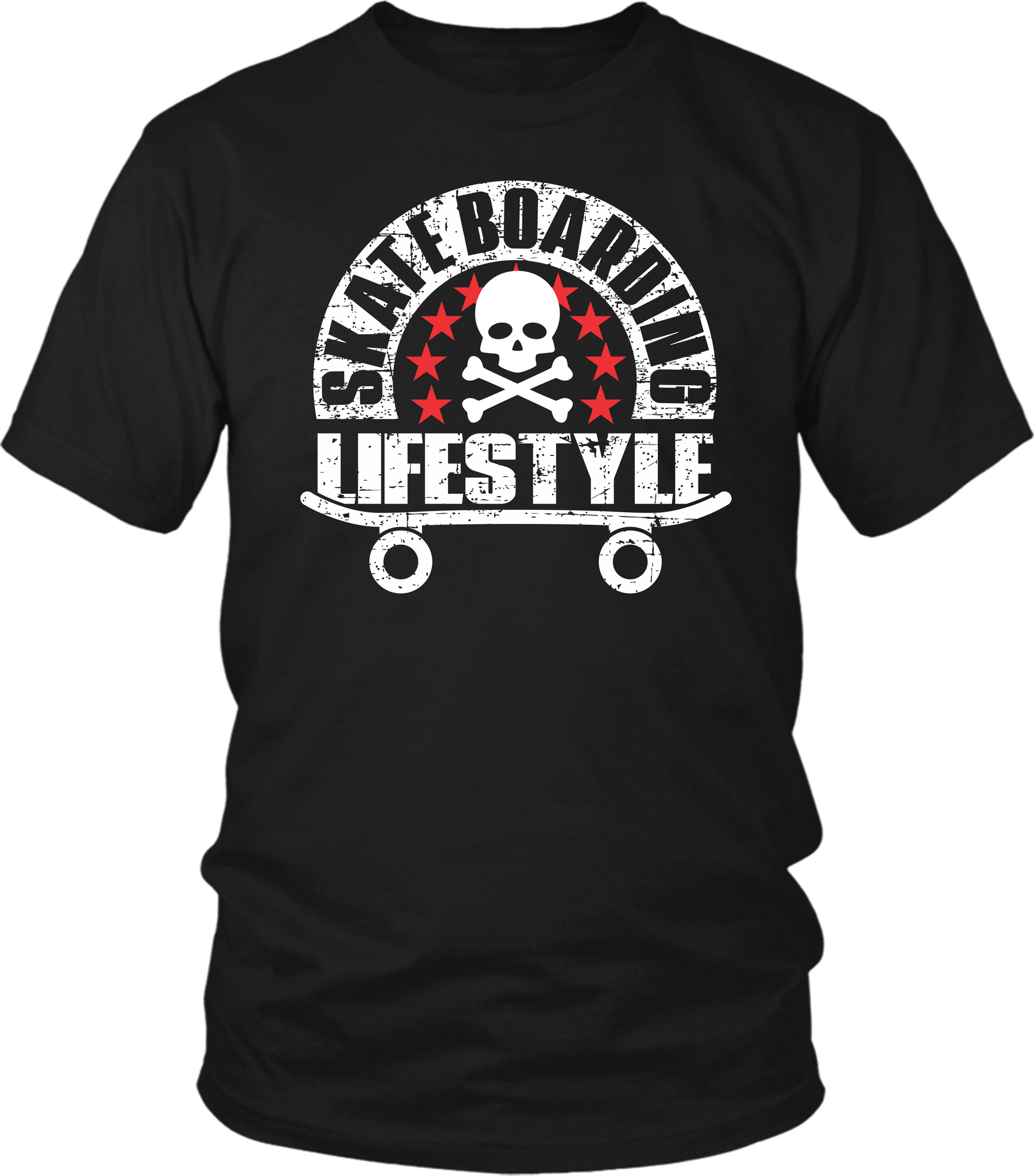 Black Male T-shirt Mock-up with "Skateboarding Lifestyle" grunge design on the front, available from the Xpert Apparel Store