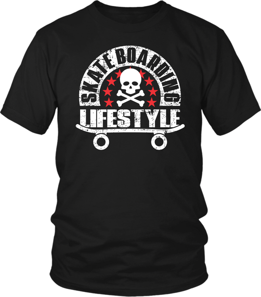 Black Male T-shirt Mock-up with "Skateboarding Lifestyle" grunge design on the front, available from the Xpert Apparel Store