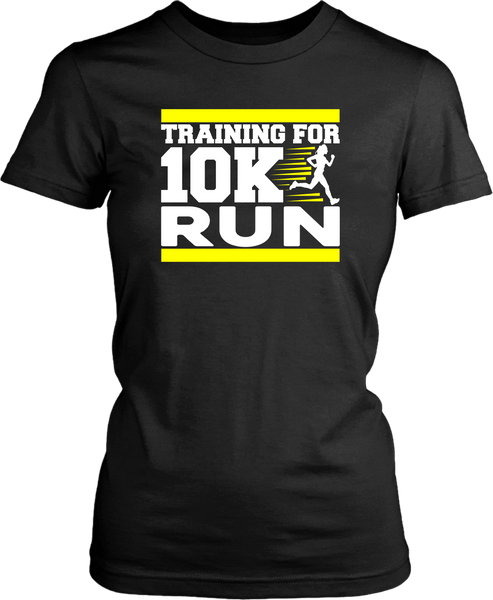 Black T-shirt Mock up with "Training For 10K Run" graphic design on the front with Yello Streaks, available from the Xpert Apparel Store