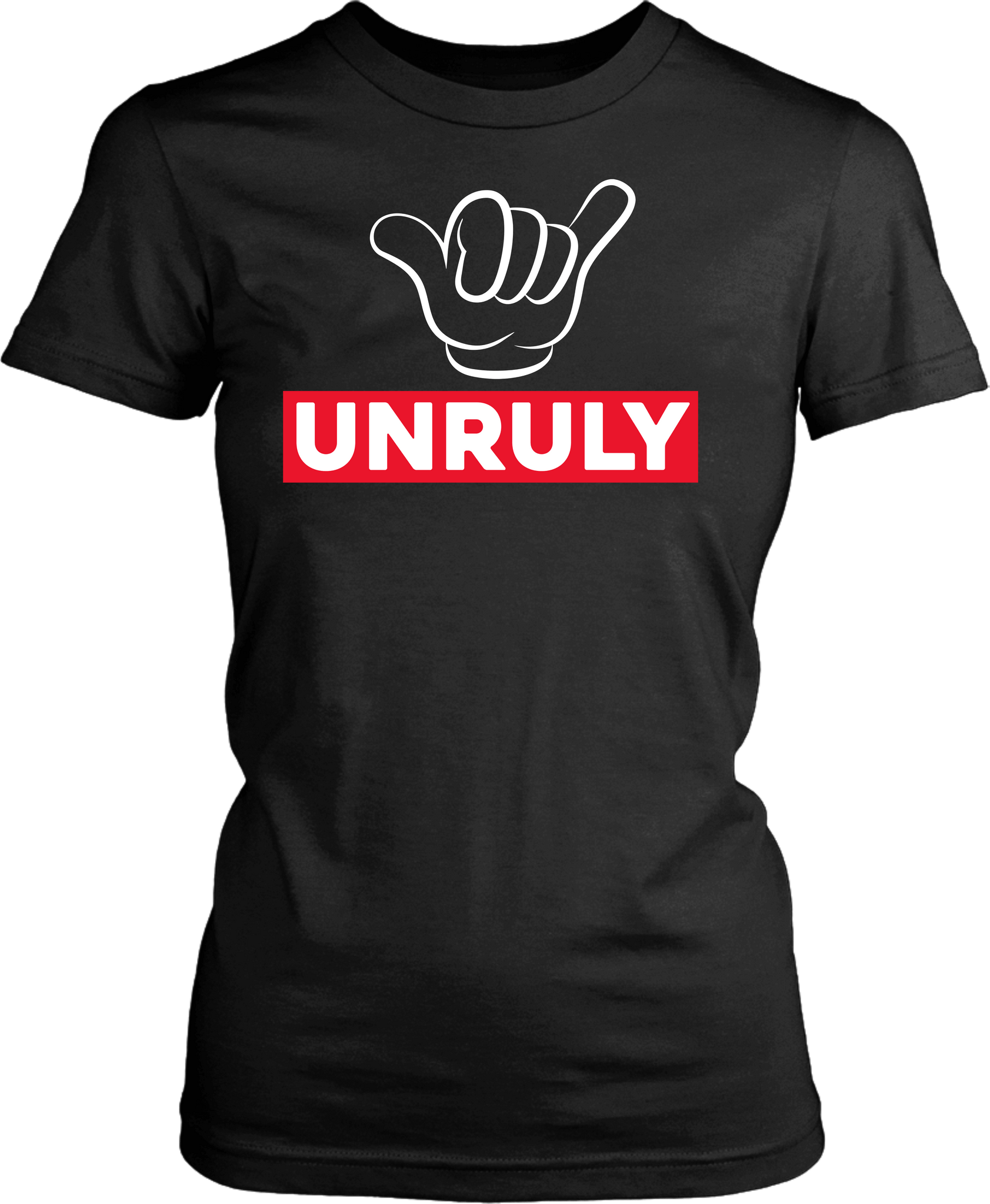 Black T-shirt Mock-up with Unruly and cartoon fingers design on the front available from the Xpert Apparel Store