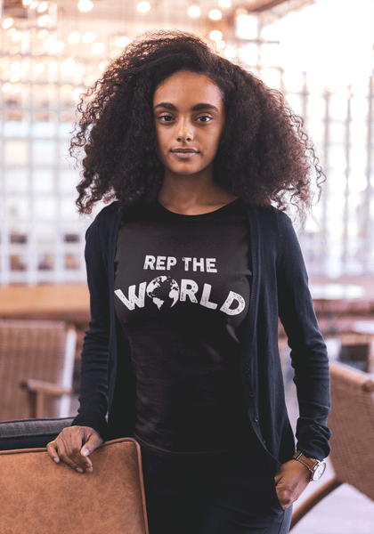 Rep your city, in this case Rep the World, Young lady wearing a custom Rep The World T-shirt