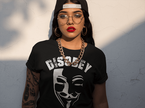 Hispanic female wearing black T-shirt with Vendetta Mask Disobey  from the Xpert Apparel Store 