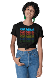 Woman wearing black T-shirt with Faded Out Gamer Design from the Xpert Apparel Store