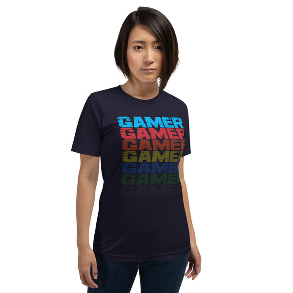 Female Model wearing black T-shirt with Faded Out Gamer Design from the Xpert Apparel Store