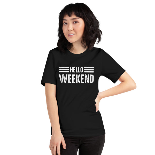 Asian Lady posing forward  wearing a black t-shirt with Hello Weekend design