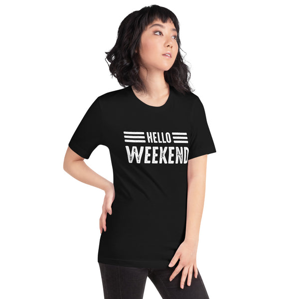Asian Lady posing to the right wearing a black t-shirt with Hello Weekend design