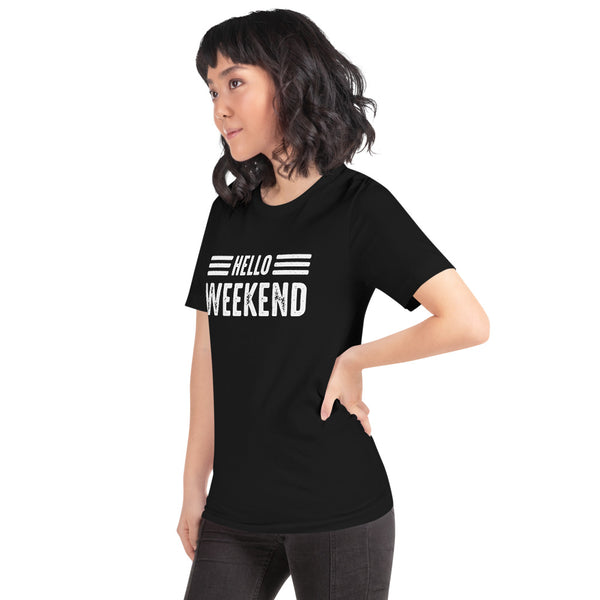 Asian Lady posing to side wearing a black t-shirt with Hello Weekend design
