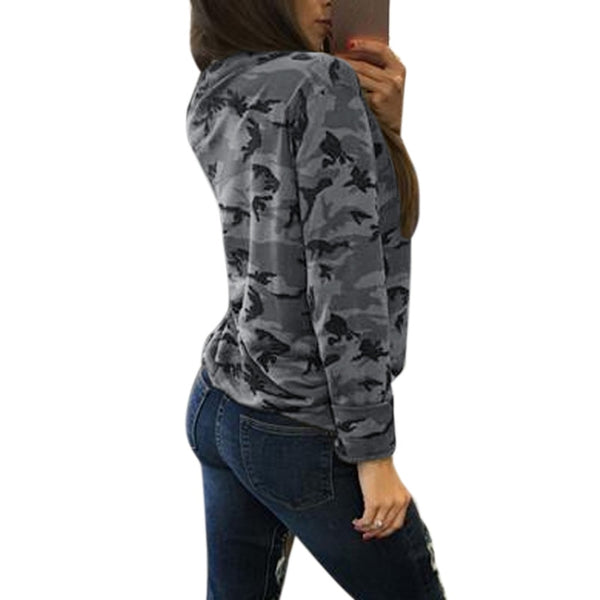 Camouflage Print Women Long Sleeve Slim T-Shirt Fashion V-Neck Lace-up Lady Sexy Tops Army Style Casual Female T-Shirt Tee - xpertapparel