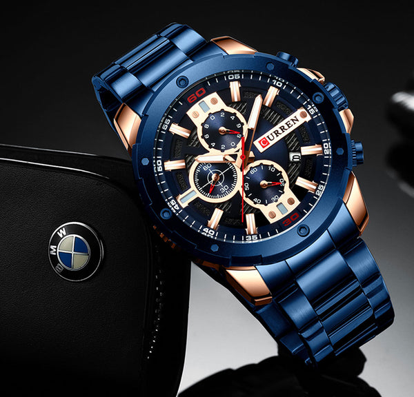 New Quartz Luminous Mans Watch Fashion Sport Stainless Steel Watches 3ATM Waterproof Wristwatch Chronograph Watches