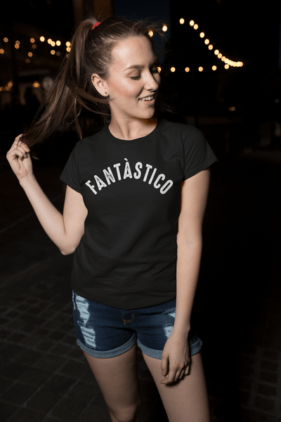 Girl out at night wearing, jeans shorts and t-shirt with Fantastico  design 