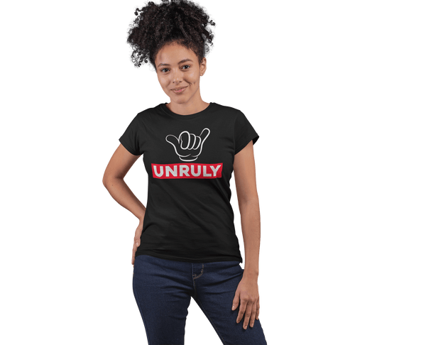 Woman standing with her hands on her hips wearing casual Black Tee with Unruly Design with cartoon fingers on the front, Available from the Xpert Apparel Store